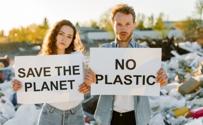 Two young adults hold signs against plastic pollution in a landfill, urging environmental action.