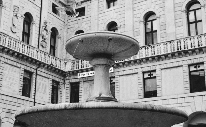 Monochrome photo of a fountain with a pigeon in historic Padova, Italy.